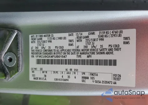 2015 Ford Escape Se from USA, damaged, VIN 1FMCU9GX4FUB01547